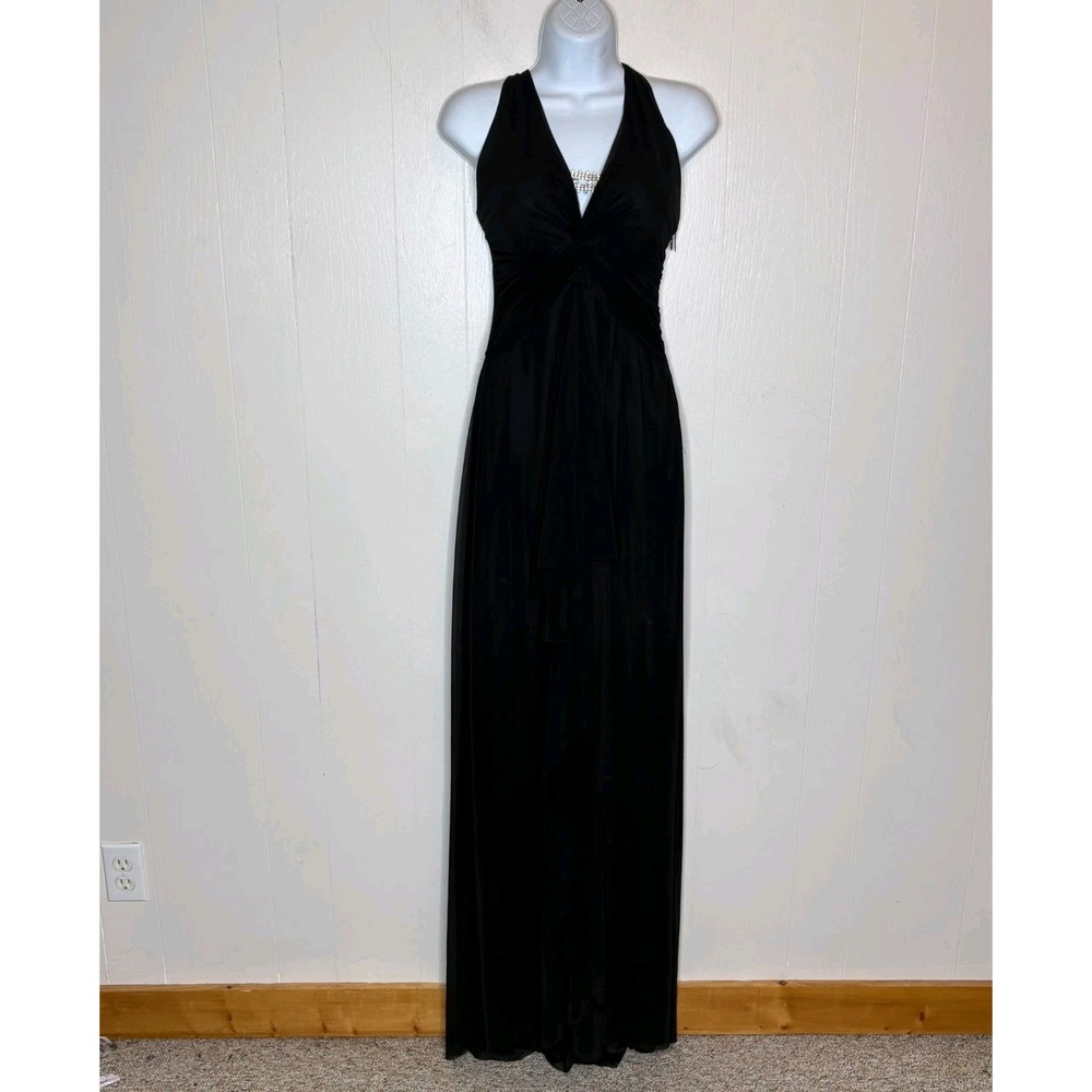 VTG Y2K Cache Maxi Dress 8 Black Halter Center Ruched Rhinestone Formal Evening